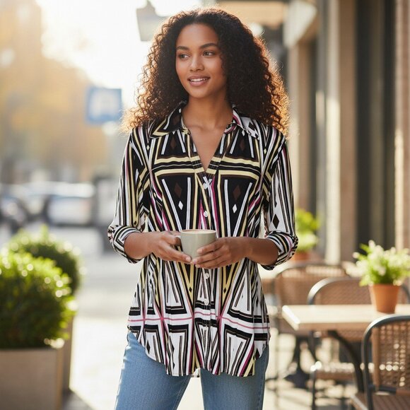 Essentials by Milano Blouse L – Geo Print Button Front Tunic Top - Picture 8 of 8